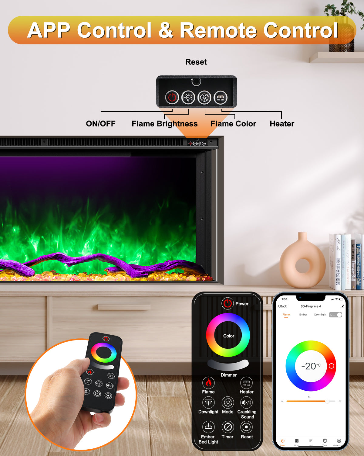 3 Sided Electric Fireplace Inserts, 80" Smart in Wall Recessed Fireplace Heater 1500/750W with APP & Remote Control, 251RGB LED Flame Colors, Timer, Log Set & Crystal