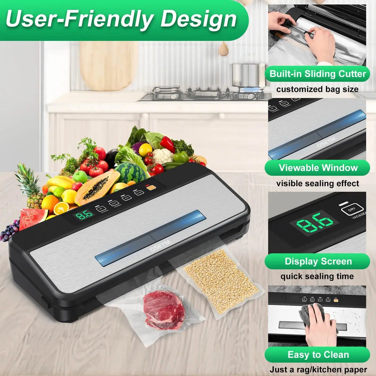 OSEYM Vacuum Sealer Machine, 90Kpa Automatic Food Sealer Machine, Food  Sealers Vacuum Packing Machine with Cutter & Bags, Air Sealing System for