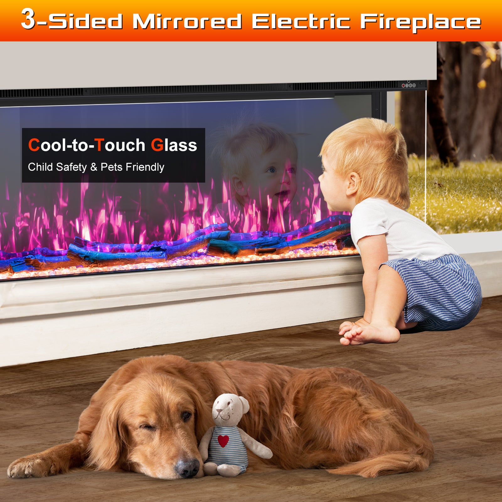 3 Sided Mirrored Electric Fireplace, 50" Smart Wall Recessed Fireplace Insert Linear Fire Places Heater with APP & Remote Control, 1500/750W, Timer, 251RGB Color Combinations, Crystal & Log