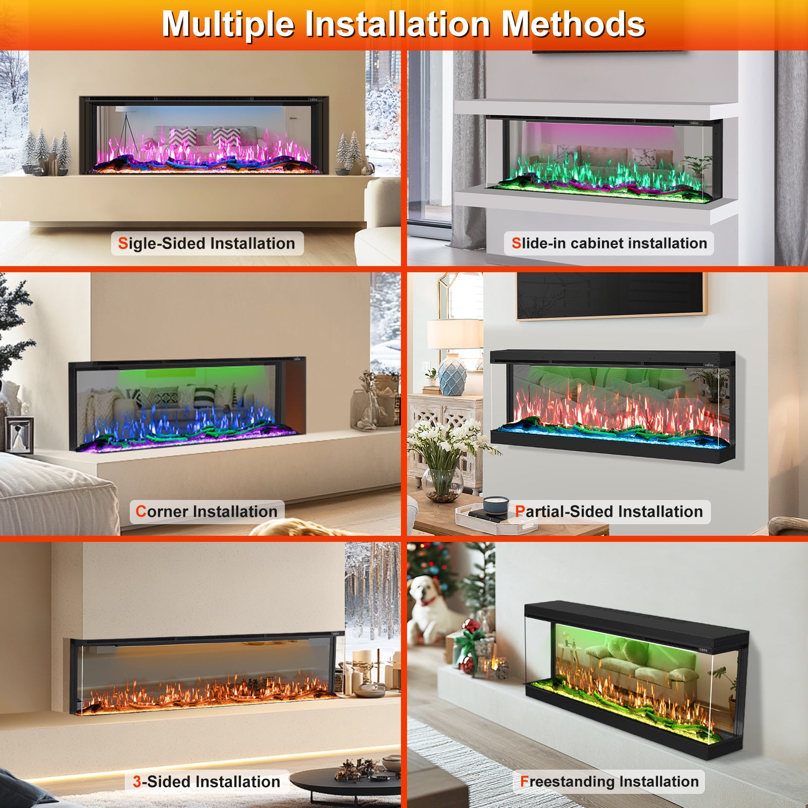 3 Sided Mirrored Electric Fireplace, 60" Smart Wall Recessed Fireplace Insert Linear Fire Places Heater with APP & Remote Control, 1500/750W, Timer, 251RGB Color Combinations, Crystal & Log